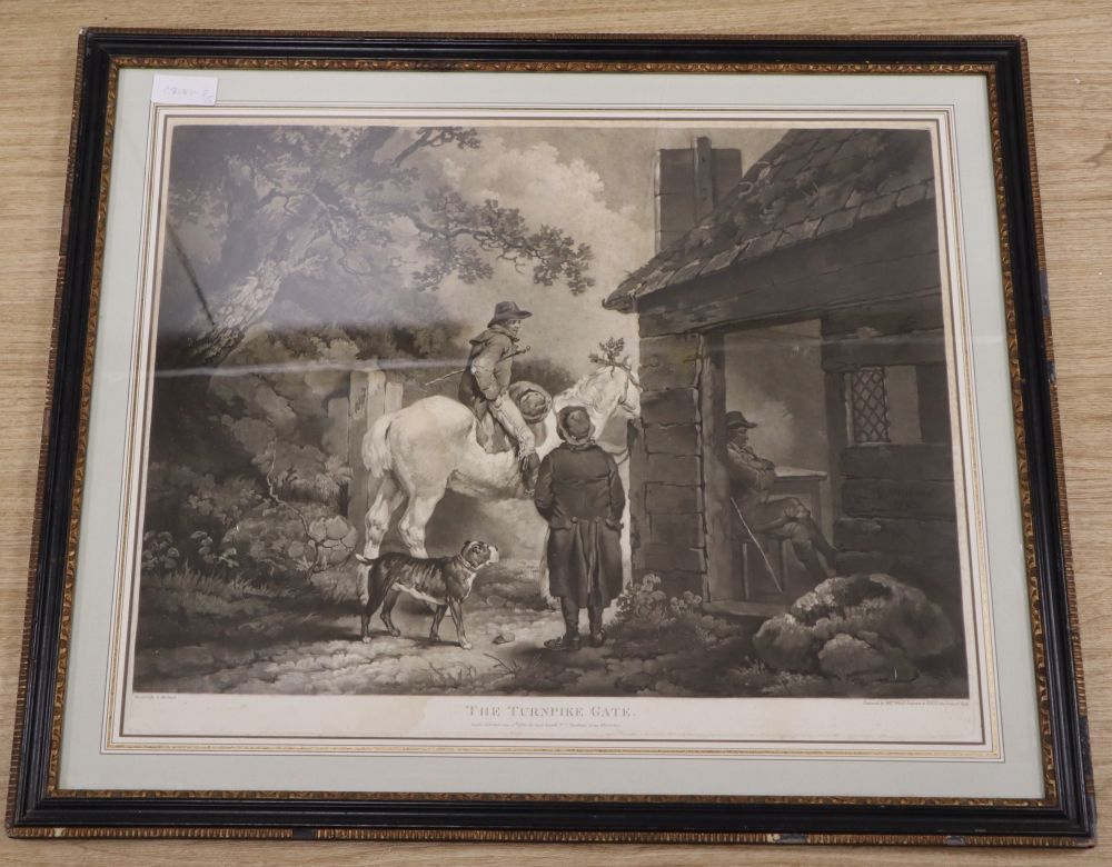 William Ward after George Morland, mezzotint, The Turnpike Gate, published June 1806 by James Linell, 49 x 61cm and a watercolour